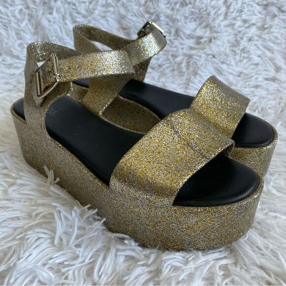 Melissa Shoes - Melissa Mar Platform Jelly Sandals in Gold and Silver Glitter Size 7